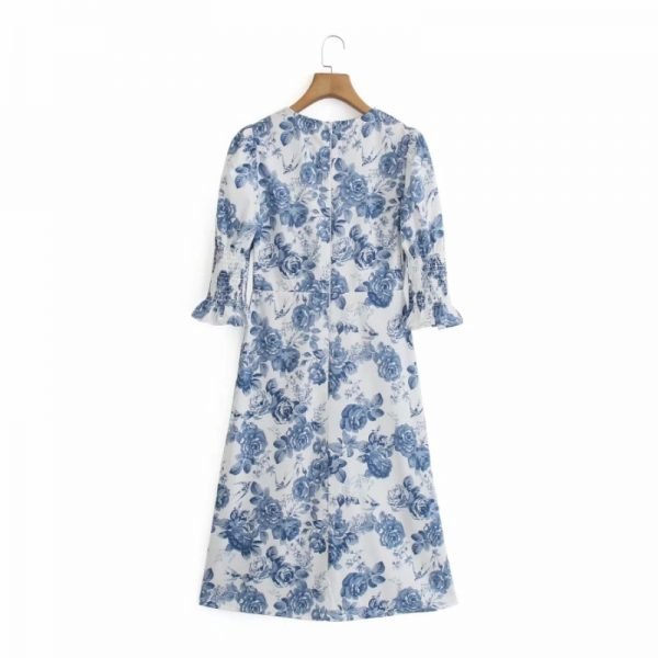 Summer Women Flower Bird Print Side Slit Midi Dress Female Puff Sleeve Clothes Casual Lady Loose Vestido D7862