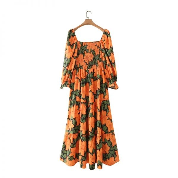 Hot Sale Women Flower Printing Square Collar Midi Dress Female Puff Sleeve Clothes Casual Lady Loose Vestido D8328