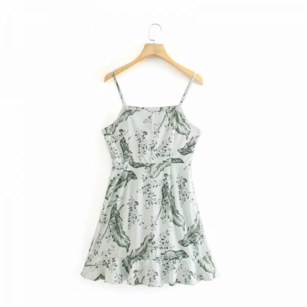 Summer Women Digital Printing Ruffled Hem Suspender Mini Dress Female Sleeveless Clothes Casual Lady Slim Vestido D7861