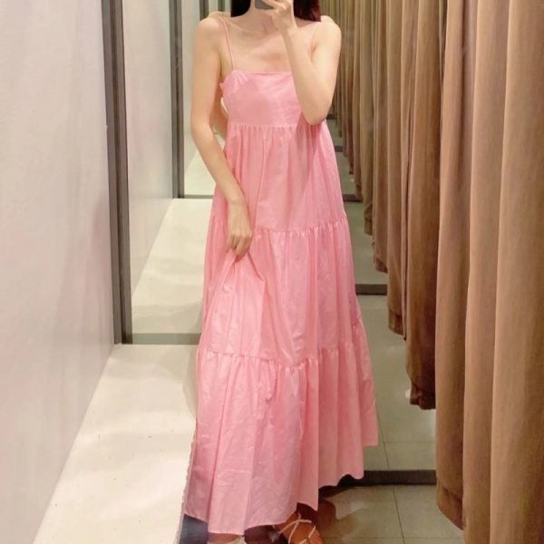 Summer Women Tiered Ruffle Pink Suspender Midi Dress Female Sleeveless Clothes Casual Lady Loose Vestido D7770