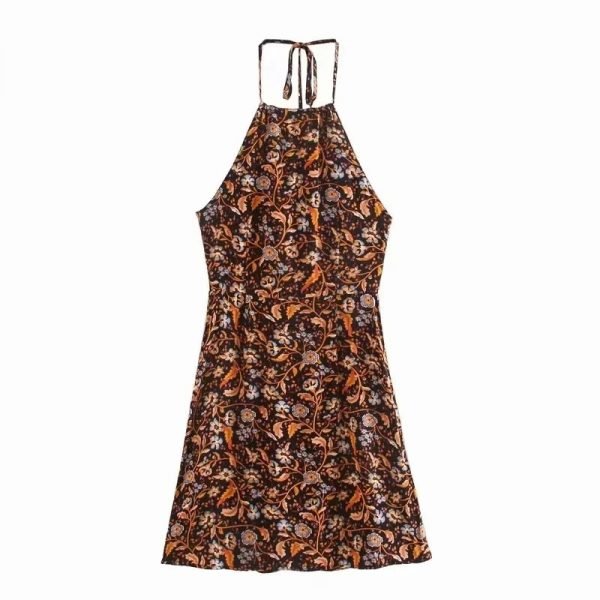 Summer Women Vintage Floral Print Halter Mini Dress Female Sleeveless Clothes Leisure Lady Slim Vestido D7961