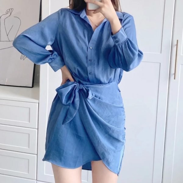 Summer Women Chic Design Lace Up Bow Mini Dress Female Nine Quarter Sleeve Clothes Casual Lady Loose Vestido D7596