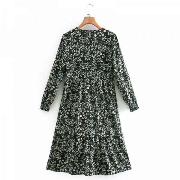 Women Flower Printing Ruffled Hem Midi Dress Vintage Female O Neck Long Sleeve Clothes Fashion Loose Vestido D6888