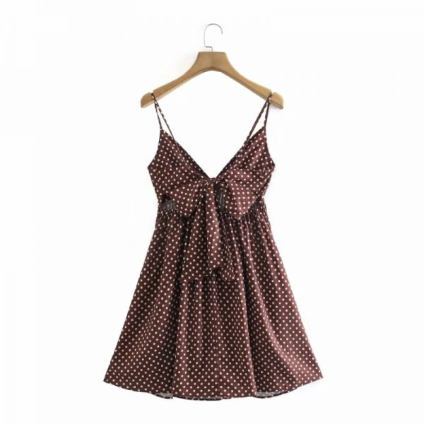 New Women Polka Dot Print Back Lace Up Bow Suspender Mini Dress Female Clothes Leisure Lady Loose Vestido D8069