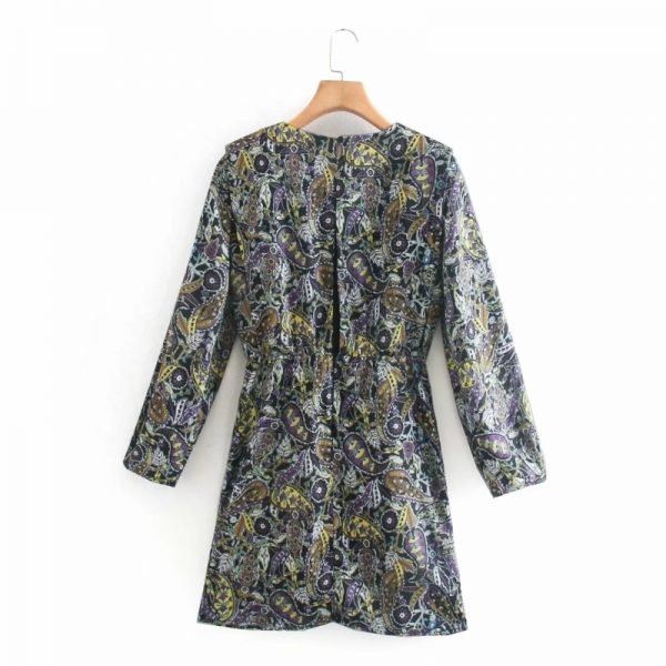 Women Vintage Paisley Printing Bow Decoration Mini Dress Female O Neck Long Sleeve Clothes Casual Lady Loose Vestido D6881