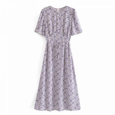 Summer Women Floral Print Puff Sleeve Elegant Midi Dress Female Sashes Clothes Leisure Lady Loose Vestido D7973