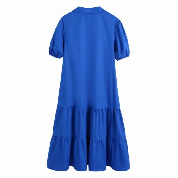 Hot Sale Women Blue Tiered Ruffle Midi Dress Female Puff Sleeve Clothes Casual Lady Loose Vestido D8305