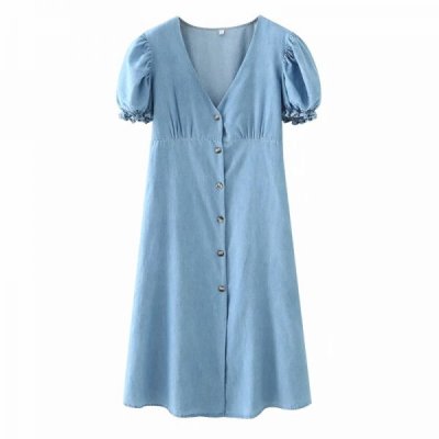 Summer Women V Neck Single Breasted Side Slit Denim Midi Dress Female Puff Sleeve Clothes Leisure Lady Loose Vestido D7996