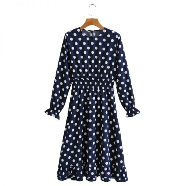 Hot Sale Women Polka Dot Printing Ruffled Hem Midi Dress Female Long Sleeve Clothes Casual Lady Loose Vestido D8235