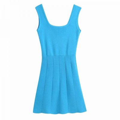 Summer Women Blue Knitted Slim Mini Vest Dress Female Sleeveless Clothes Leisure Lady Vestido D7920