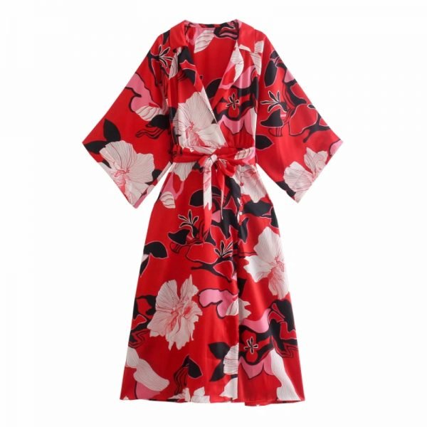 Hot Sale Women Flower Printing Sashes Red Midi Dress Female Three Quarter Sleeve Clothes Casual Lady Loose Vestido D8501